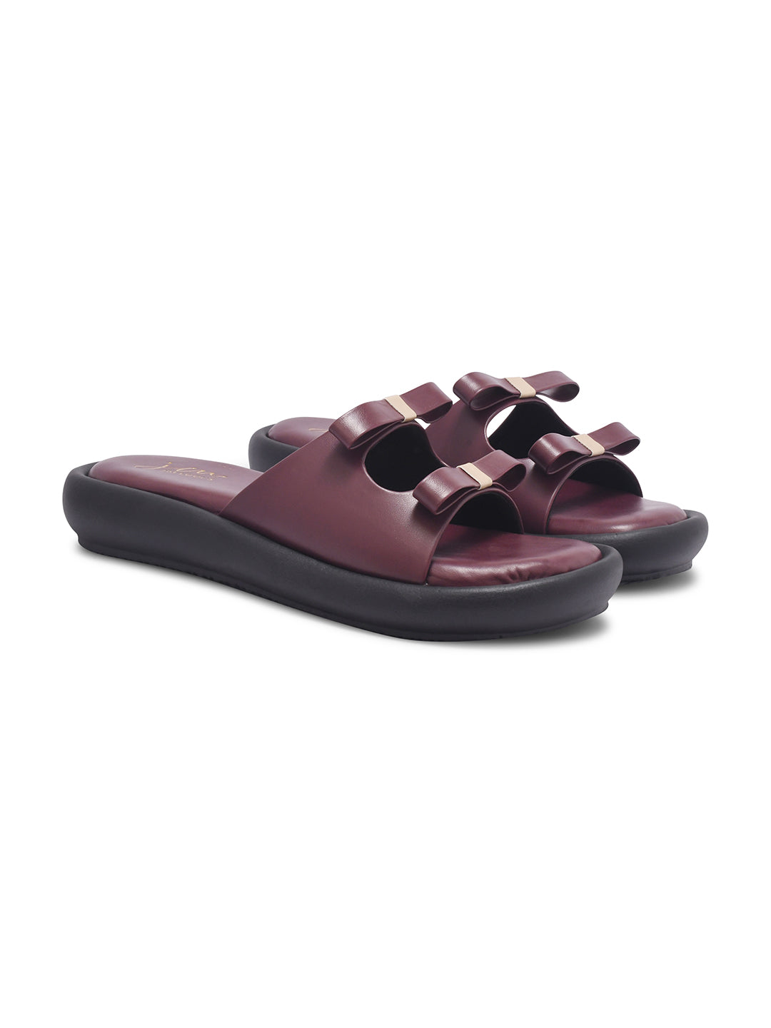 JM Looks slide sandals featuring multiple bow details on the wide straps and a flat sole
Cherry