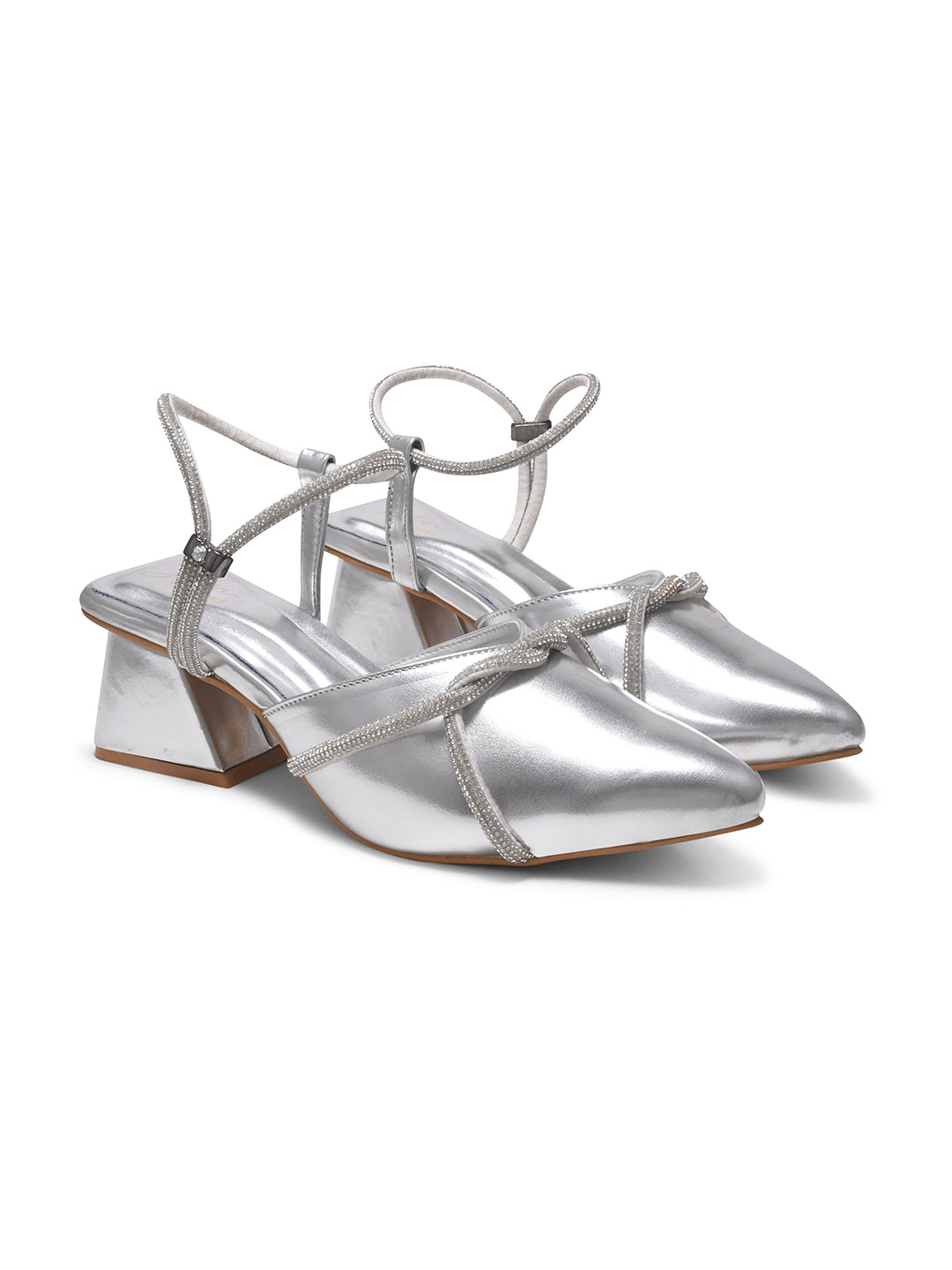JM Looks women's pointed-toe block heels with embellished cross straps and a slingback
Silver