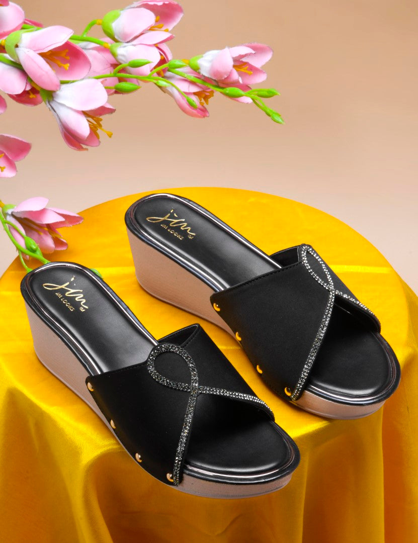 JM Looks Ethnic Wedge Sandals | Embroidered Open-Back Slip-On for Women beige