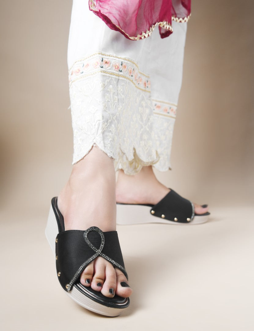JM Looks Ethnic Wedge Sandals | Embroidered Open-Back Slip-On for Women beige