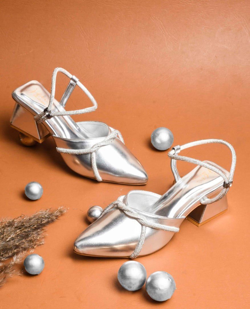 JM Looks women's pointed-toe block heels with embellished cross straps and a slingback
Silver