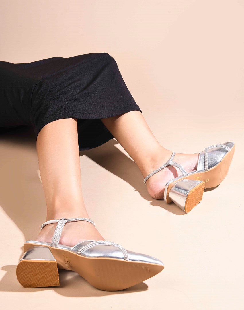 JM Looks women's pointed-toe block heels with embellished cross straps and a slingback
Silver