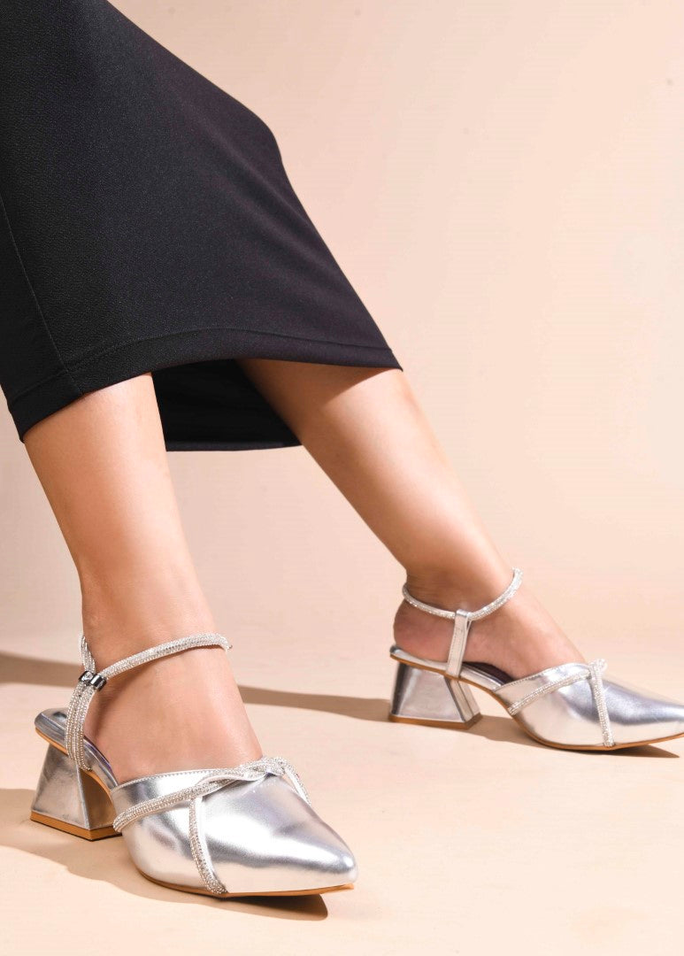 JM Looks women's pointed-toe block heels with embellished cross straps and a slingback
Silver