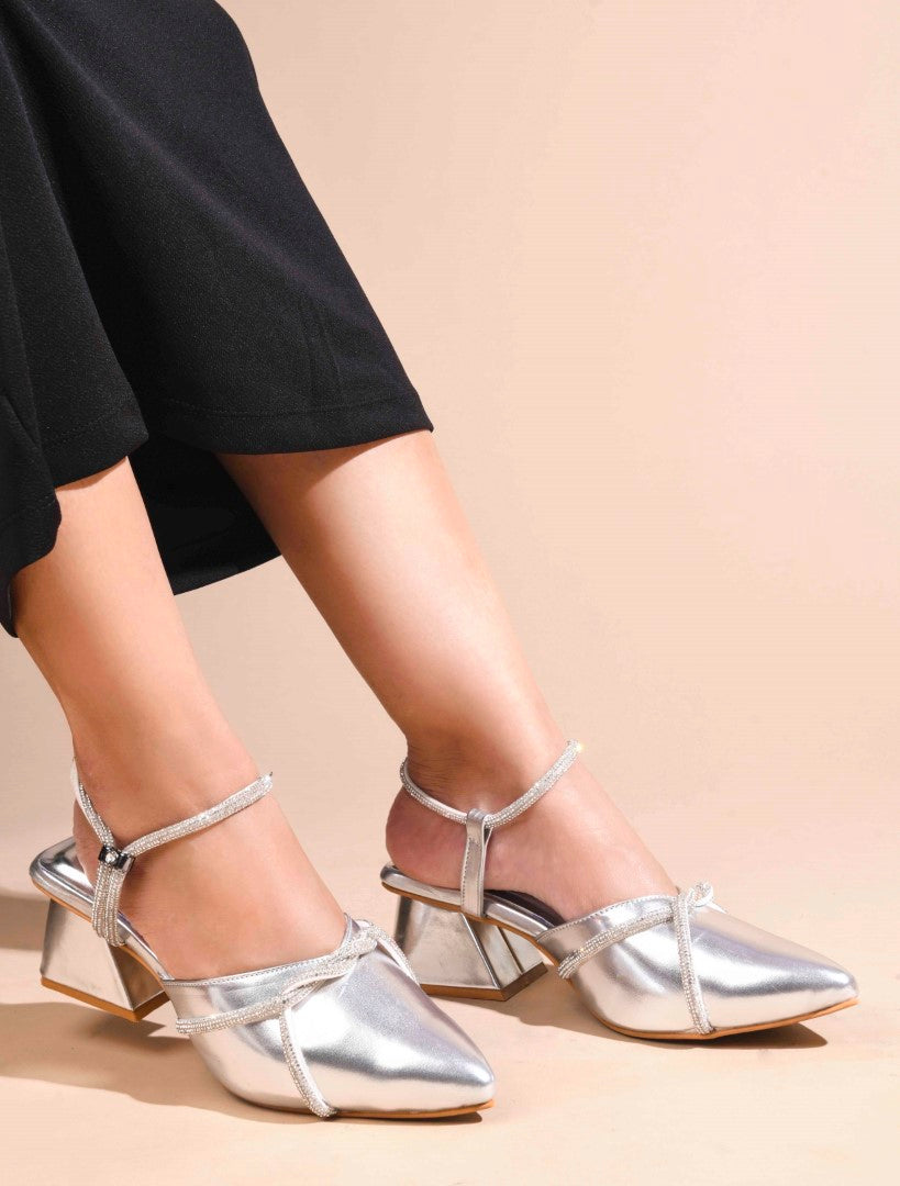 JM Looks women's pointed-toe block heels with embellished cross straps and a slingback
Silver