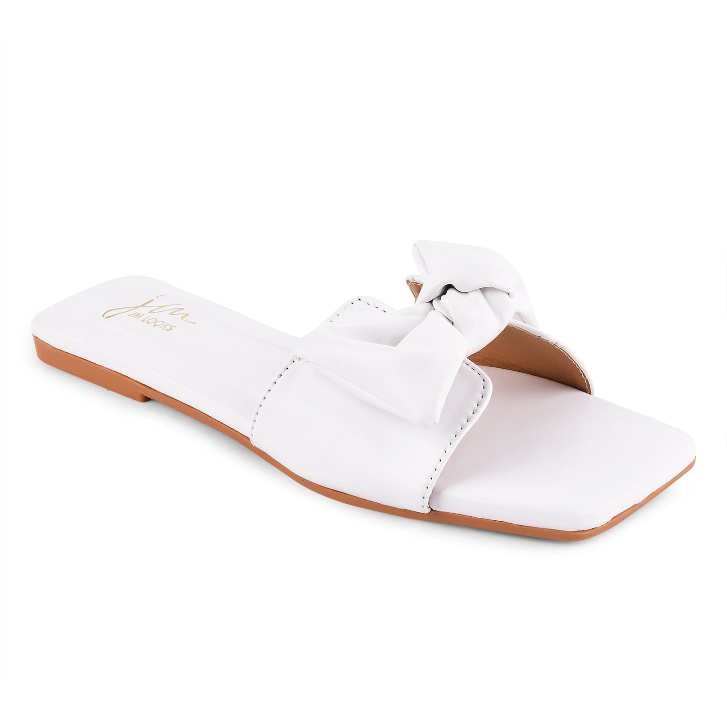 White square-toe flat slides featuring oversized soft knotted bow detail across the front strap, cushioned footbed.