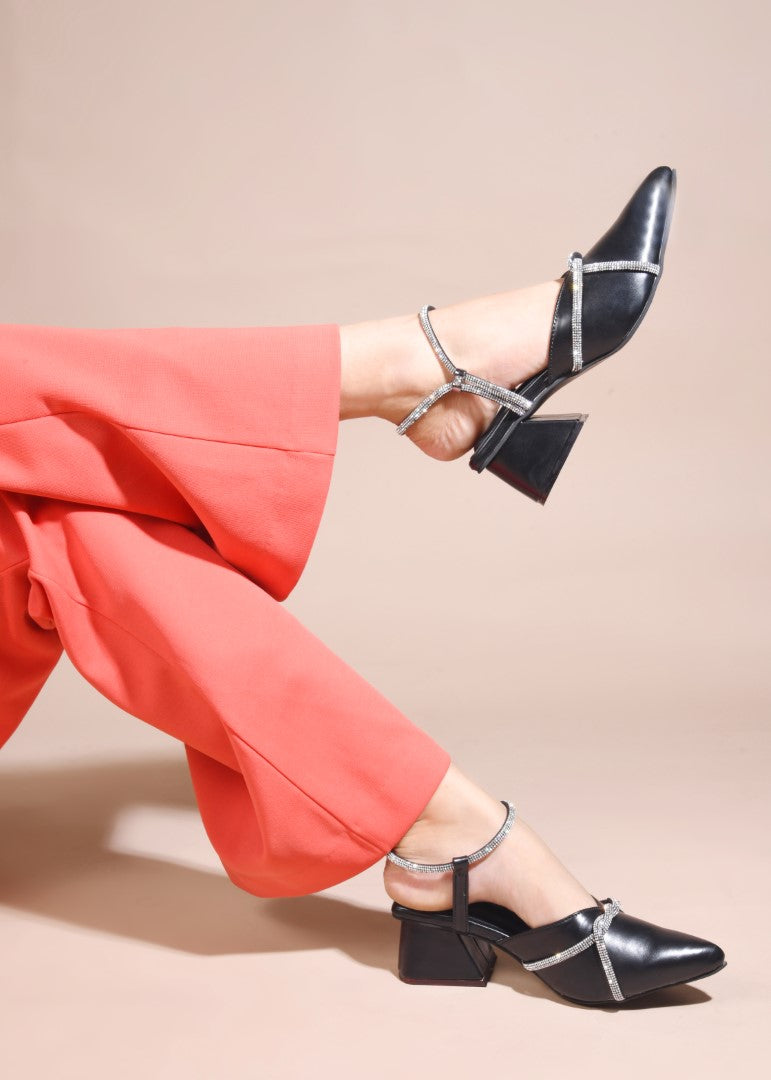 JM Looks women's pointed-toe block heels with embellished cross straps and a slingback
Black