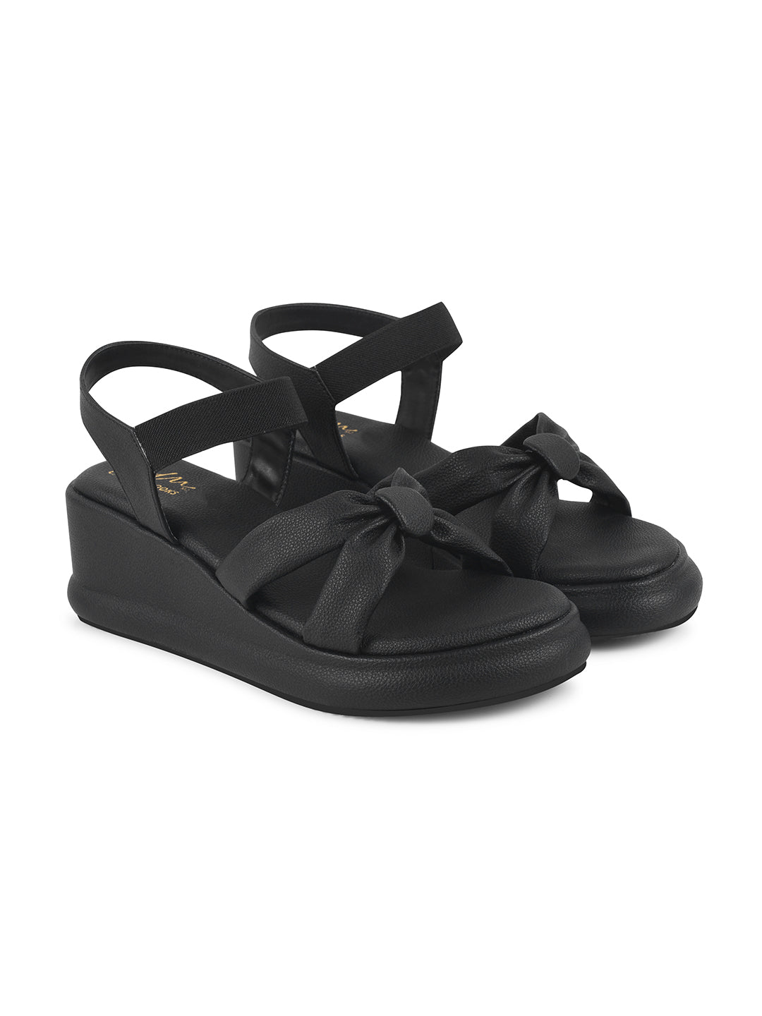 JM Looks platform wedge sandals featuring a prominent tied bow and an elastic ankle strap
Black