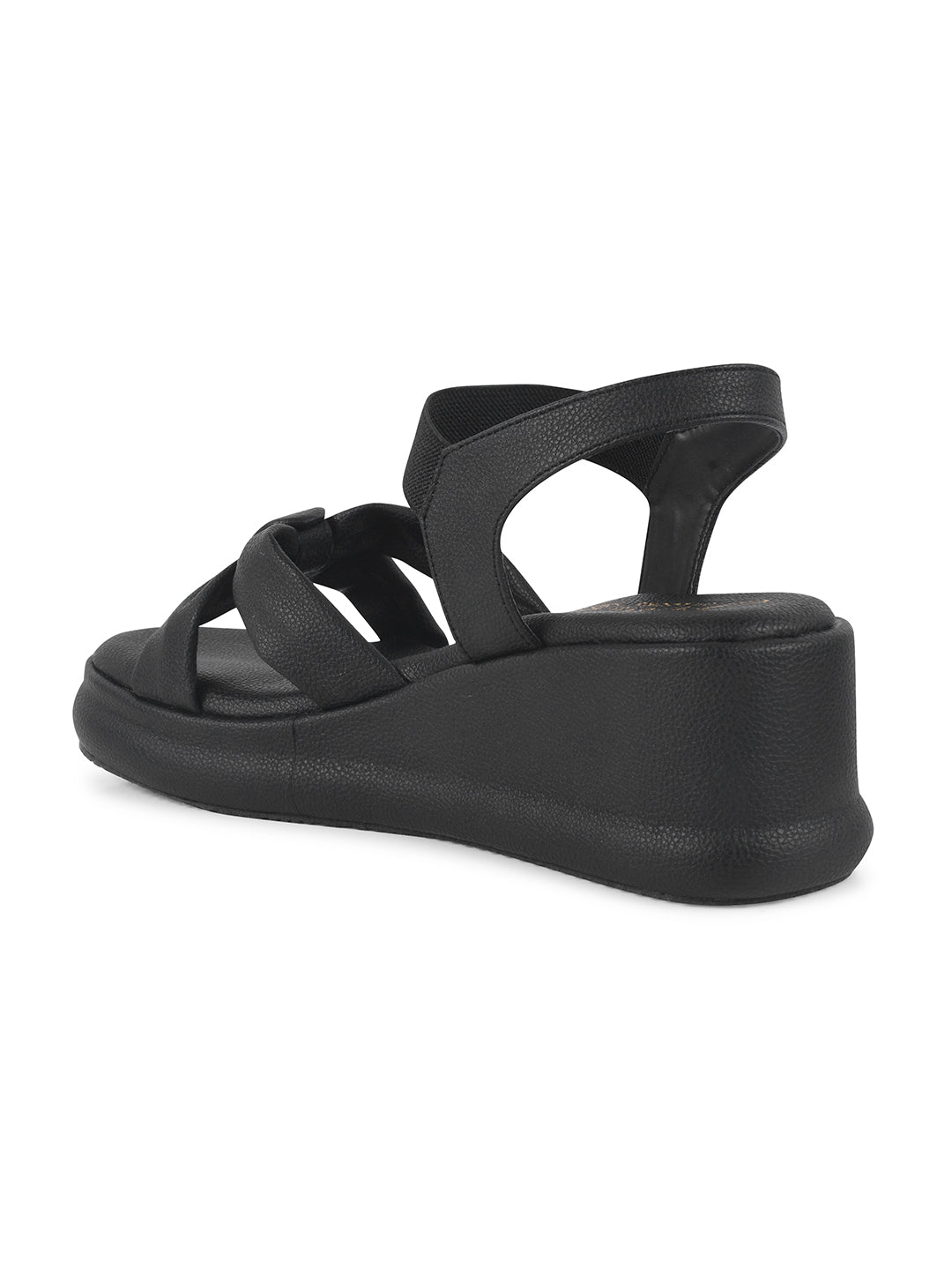 JM Looks platform wedge sandals featuring a prominent tied bow and an elastic ankle strap
Black