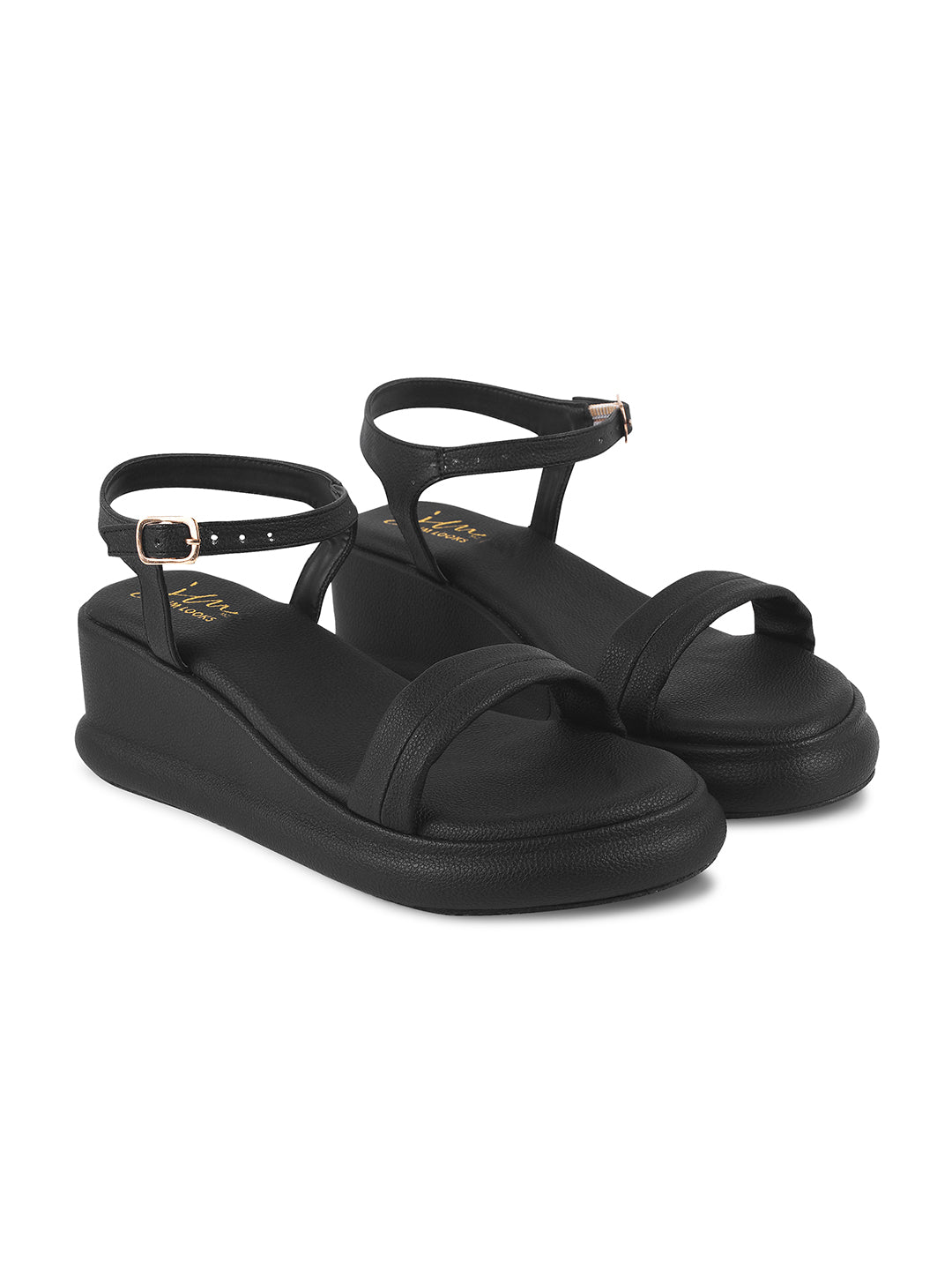 JM Looks platform wedge sandals with a single vamp strap and an adjustable ankle strap
Black