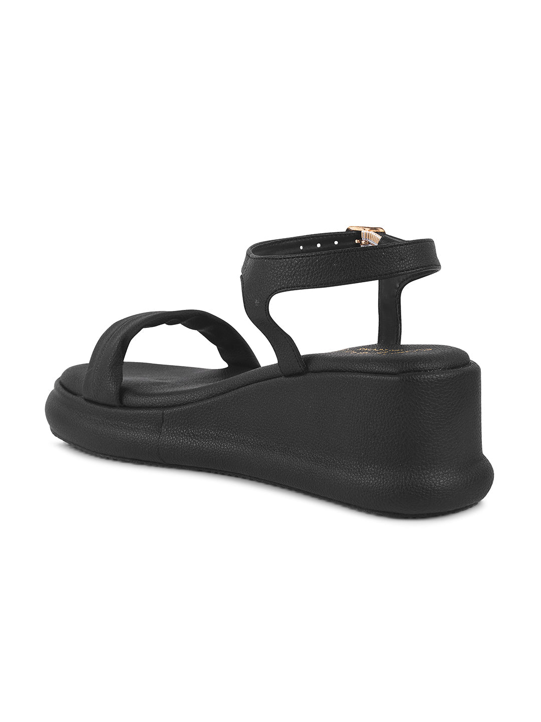 JM Looks platform wedge sandals with a single vamp strap and an adjustable ankle strap
Black
