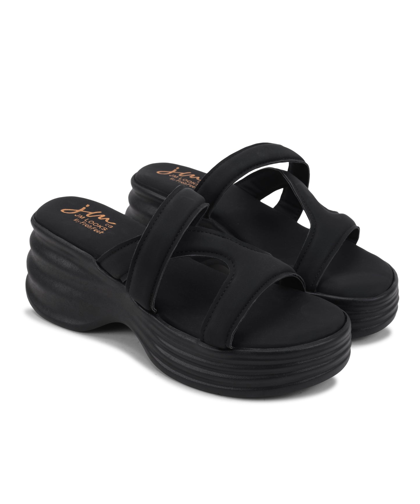 Black platform wedge sandals for women with cross strap cutout design and comfortable slides slip-on style