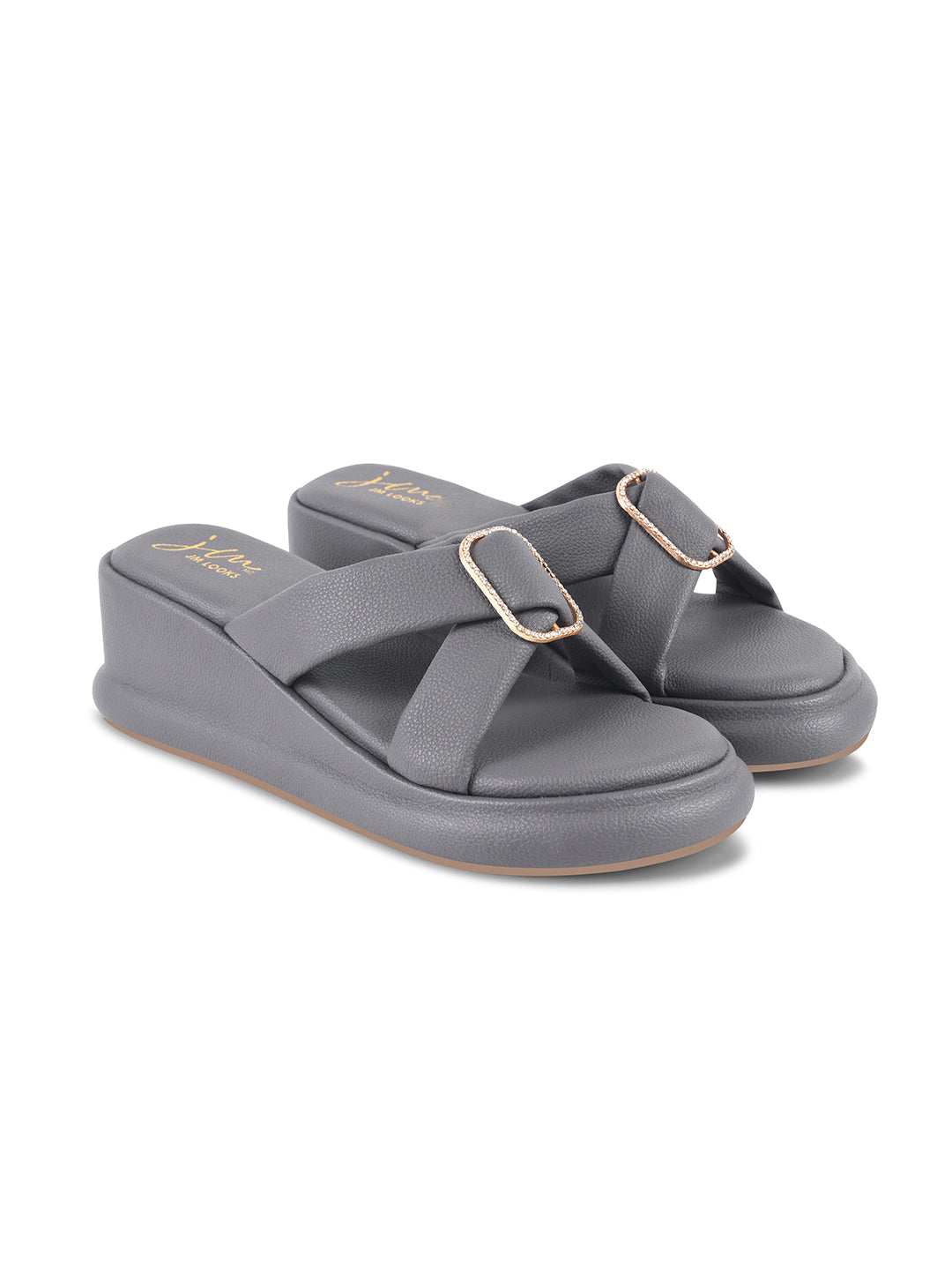 JM Looks platform wedge slides featuring wide criss-cross straps and an embellished rectangular buckle
Grey