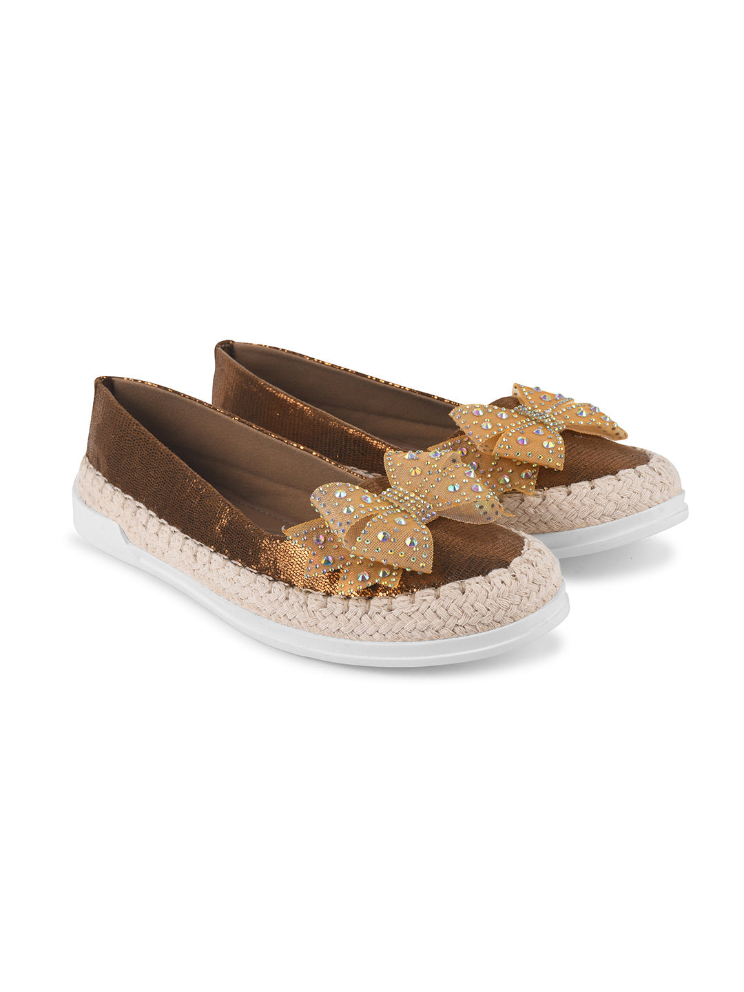 JM Looks espadrille loafers featuring a shimmering toe, a rhinestone-embellished bow, and a woven sole
Copper
