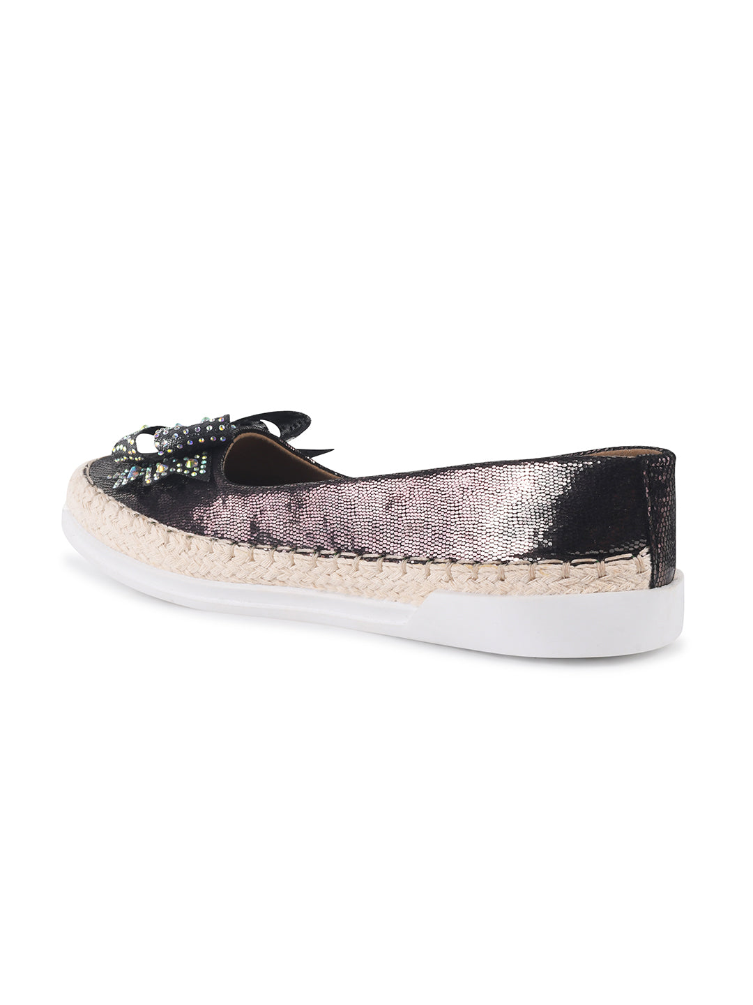 JM Looks espadrille loafers featuring a shimmering toe, a rhinestone-embellished bow, and a woven sole
Grey