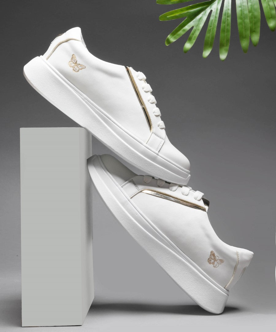 JM Looks Women's Golden & White Sneakers | Transparent Lace-Up Fashion Shoes White
