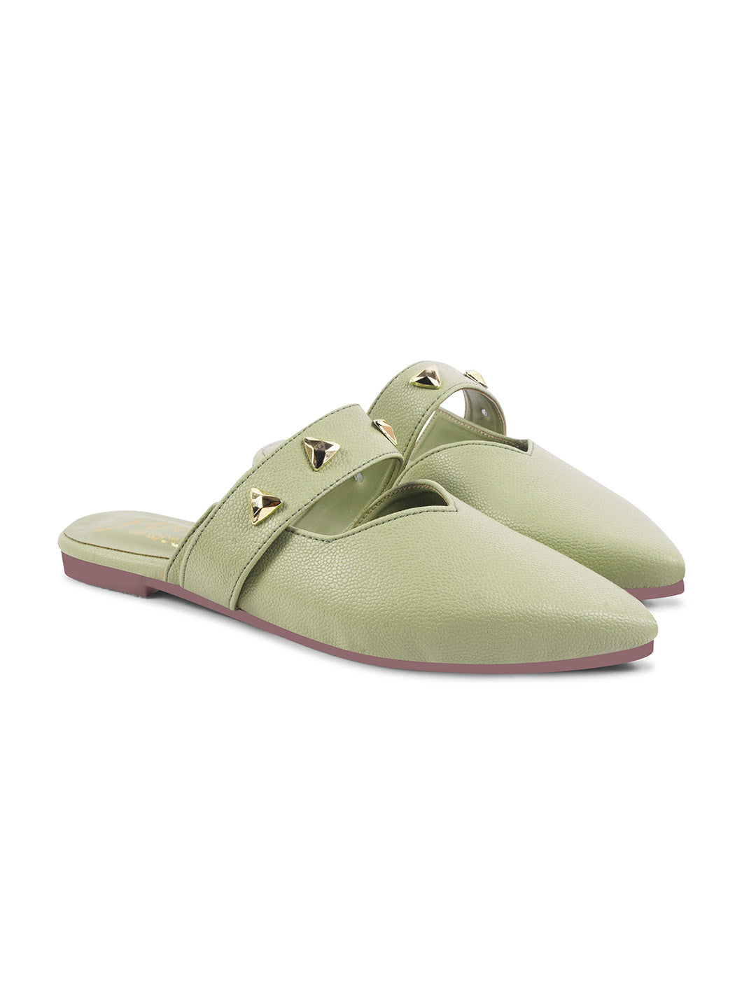 Pointed-Toe Mules with Studded Strap Detail See-Green