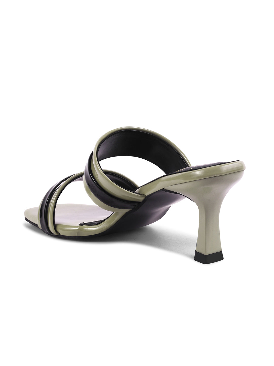 double-strap heel mules with decorative buckles and a square toe
Green
