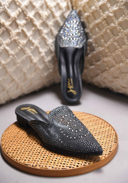 JM Looks women's pointed-toe mule with an all-over embellished design
 Black