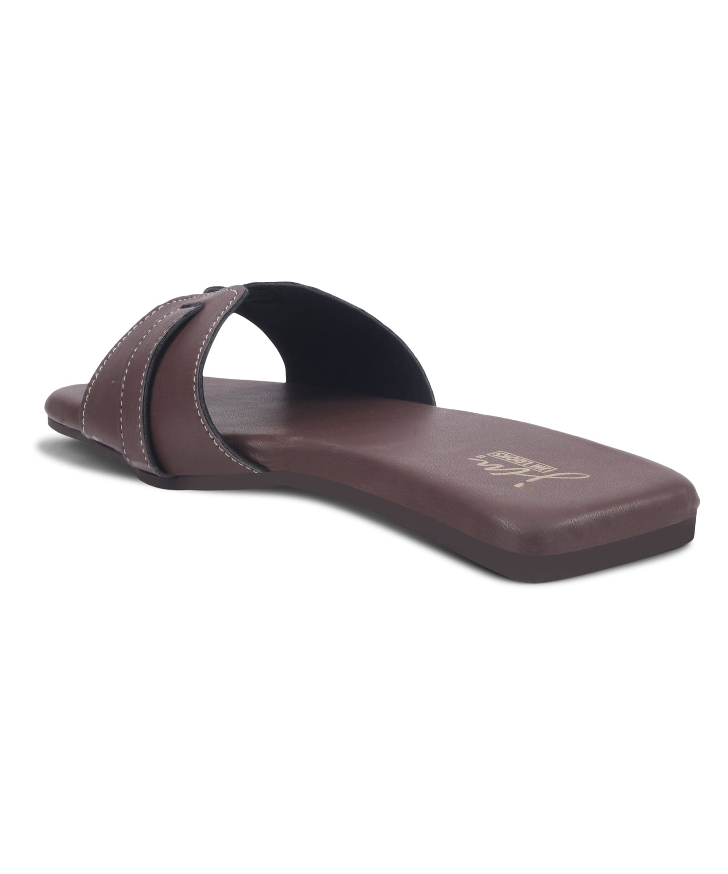 Brown flat slide sandals for women with H-shaped cutout strap, contrast white stitching, square open toe.