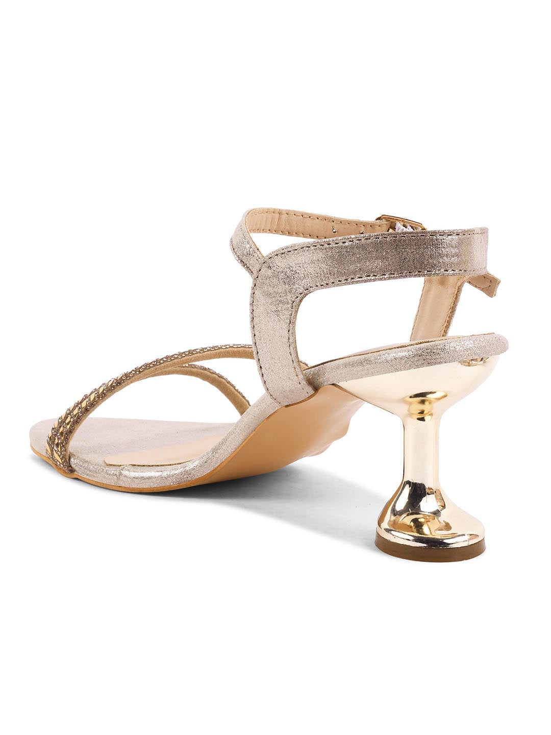 embellished strappy stiletto sandals with a unique heel design
Golden