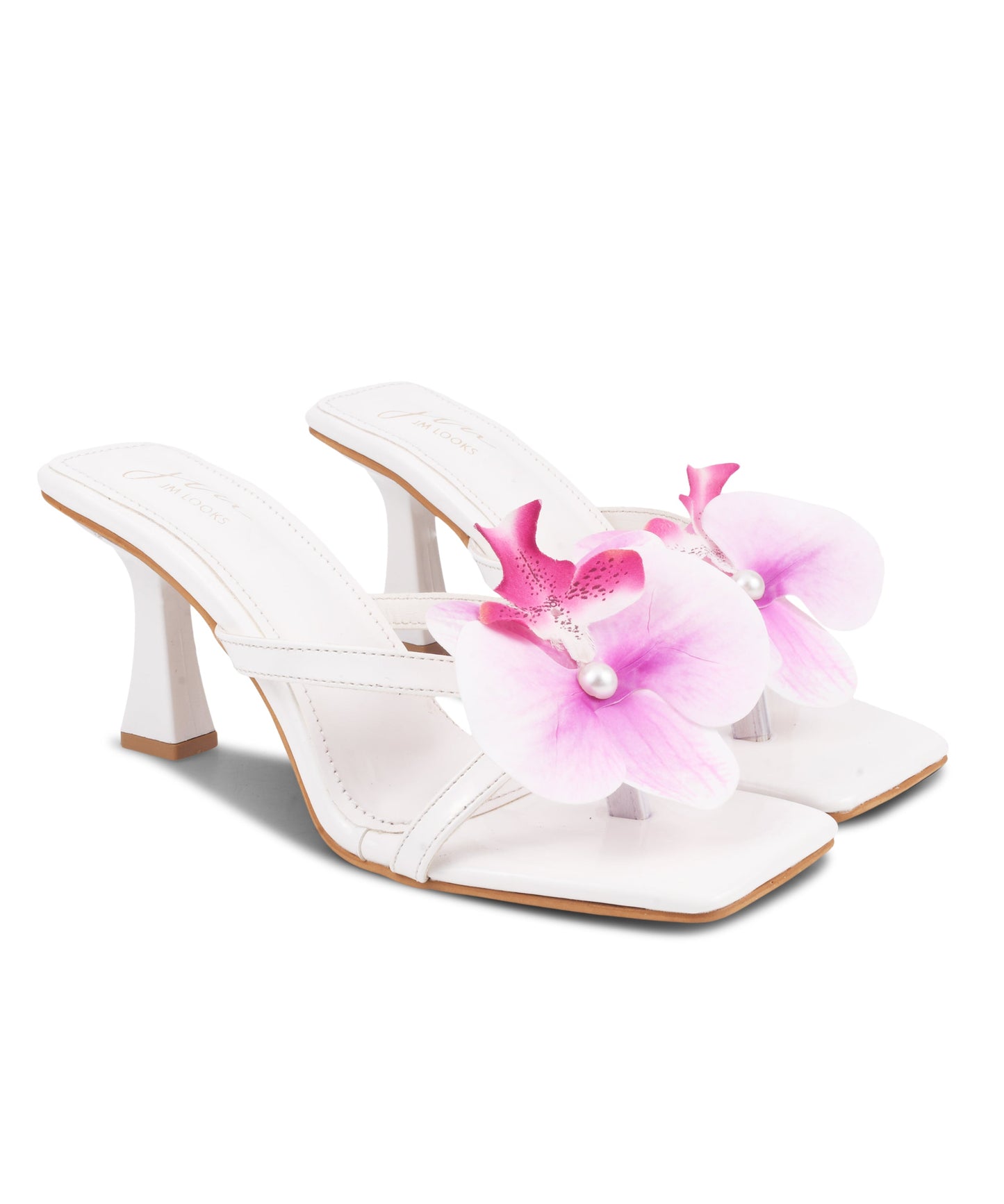 kitten heels with orchid flower and pearl detail, square toe straps, slip-on thong style sandals White