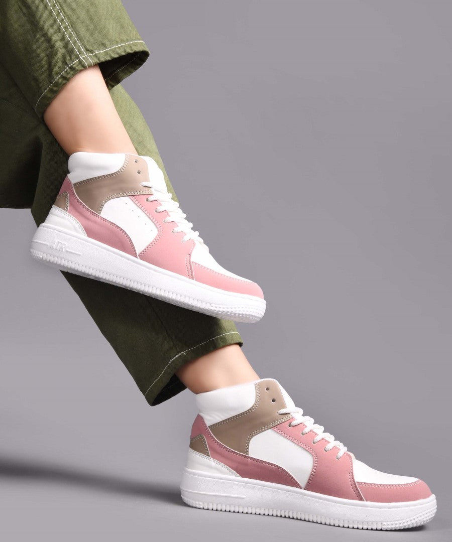 high-top lace-up sneakers with a multi-panel design
-White White-Peach