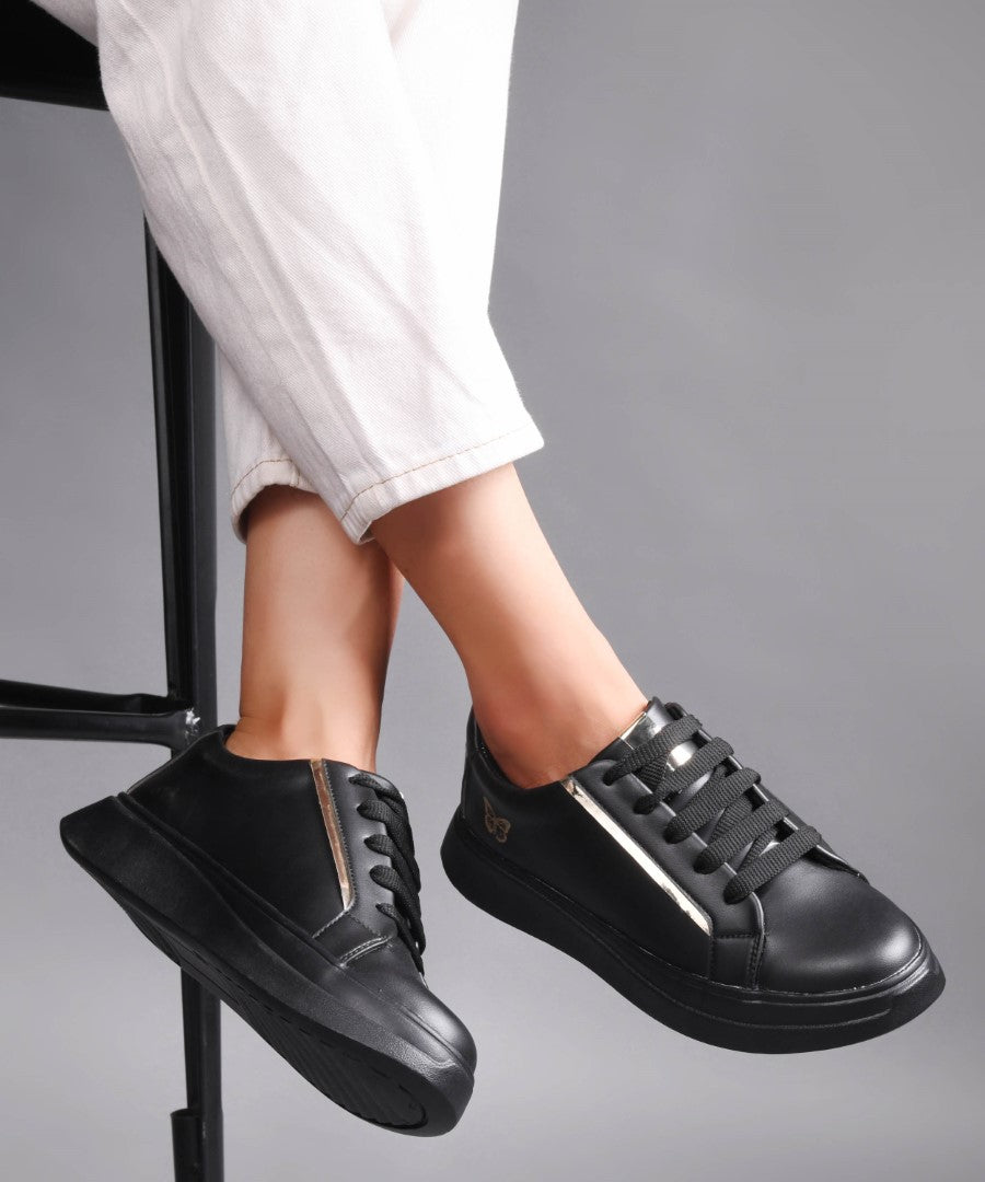 JM Looks Women's Golden & White Sneakers | Transparent Lace-Up Fashion Shoes Black