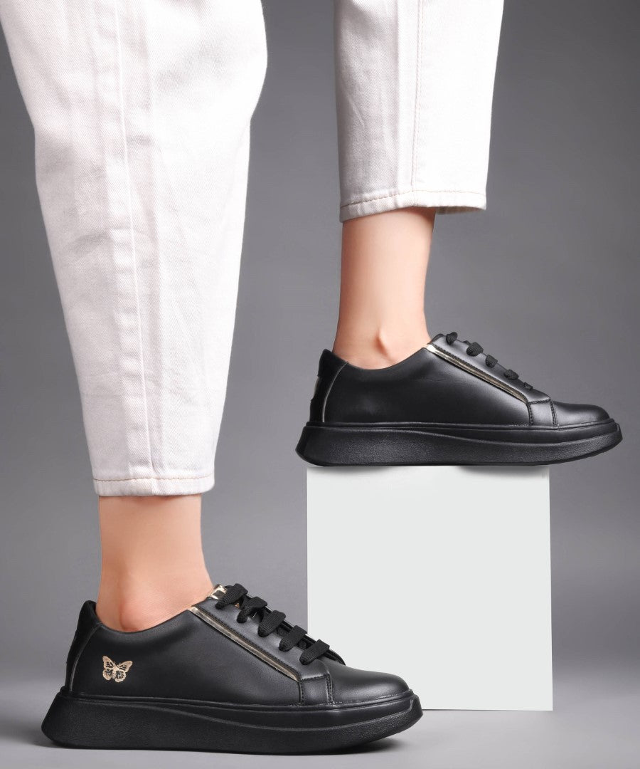 JM Looks Women's Golden & White Sneakers | Transparent Lace-Up Fashion Shoes Black