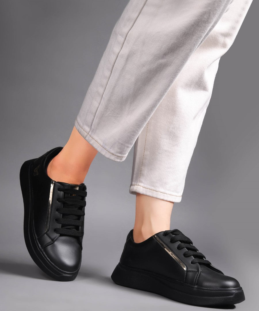 JM Looks Women's Golden & White Sneakers | Transparent Lace-Up Fashion Shoes Black
