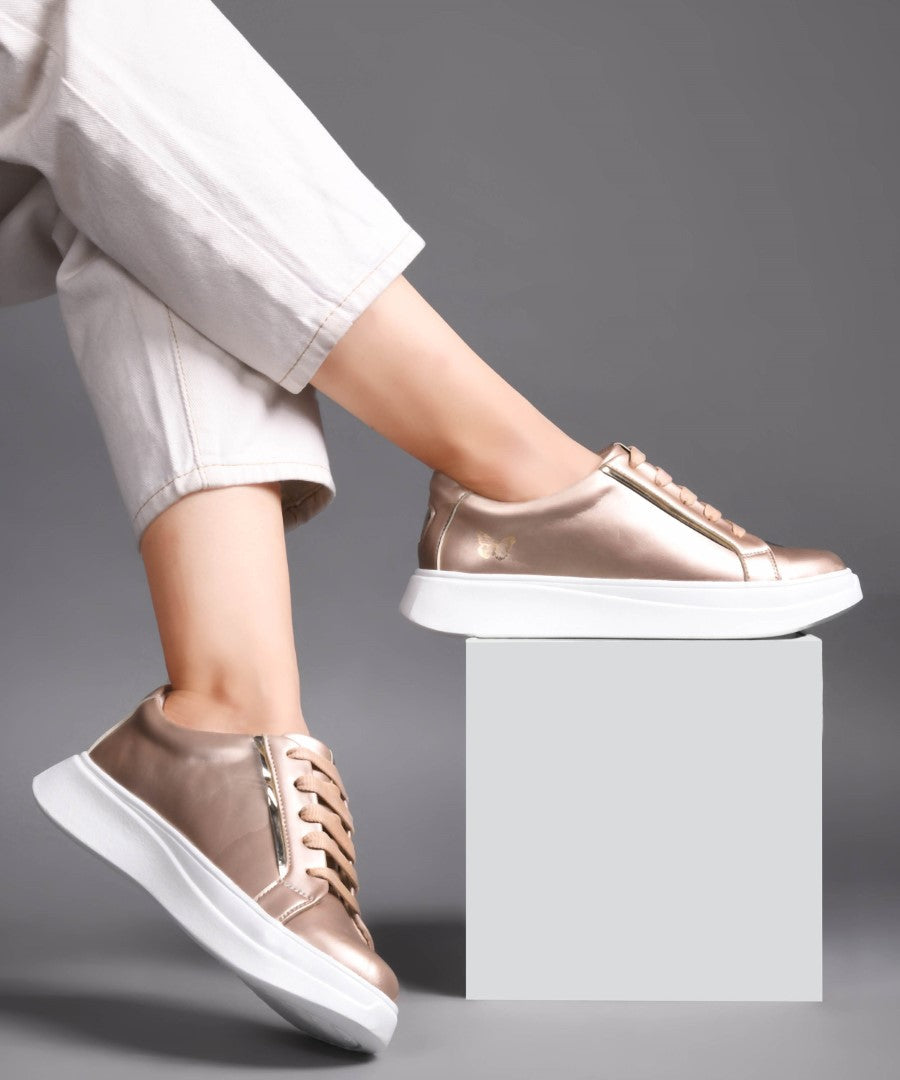 JM Looks Women's Golden & White Sneakers | Transparent Lace-Up Fashion Shoes Golden