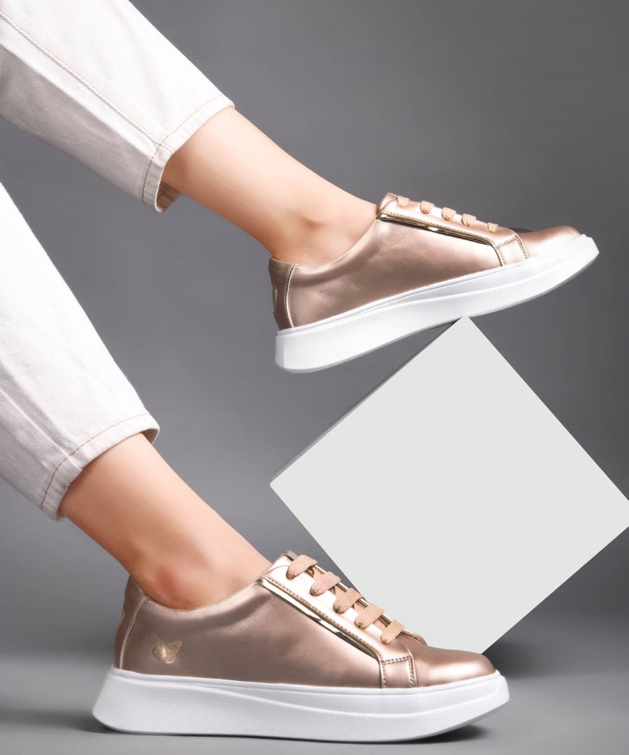 JM Looks Women's Golden & White Sneakers | Transparent Lace-Up Fashion Shoes Golden