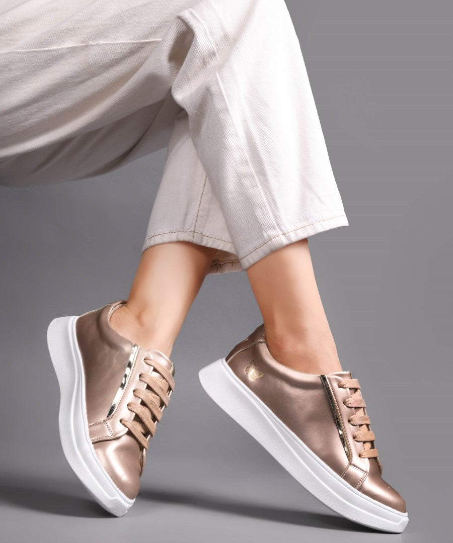 JM Looks Women's Golden & White Sneakers | Transparent Lace-Up Fashion Shoes Golden