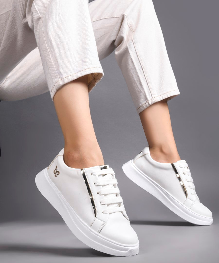 JM Looks Women's Golden & White Sneakers | Transparent Lace-Up Fashion Shoes White