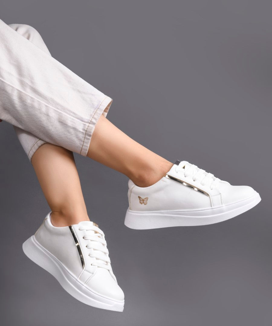 JM Looks Women's Golden & White Sneakers | Transparent Lace-Up Fashion Shoes White