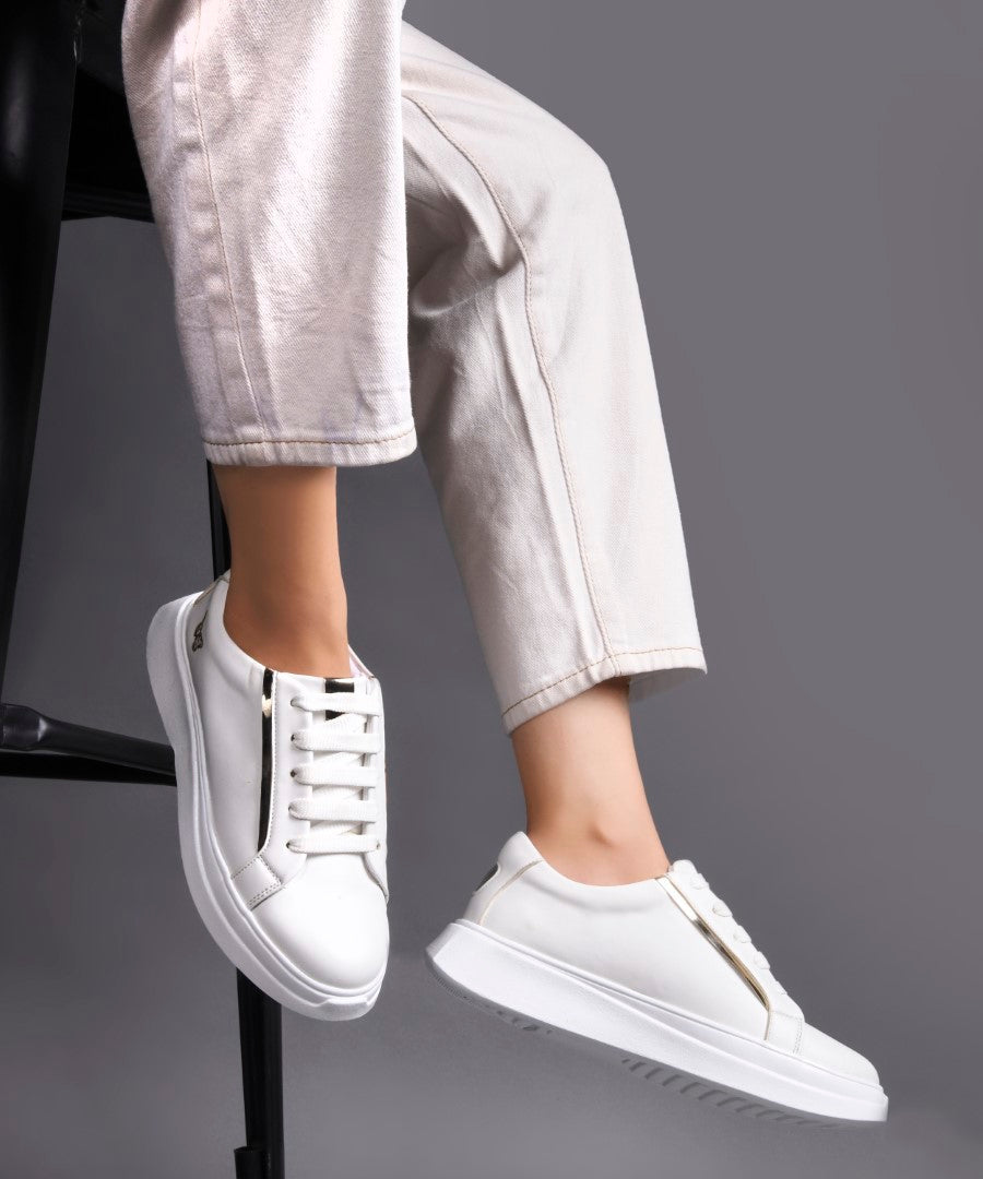 JM Looks Women's Golden & White Sneakers | Transparent Lace-Up Fashion Shoes White