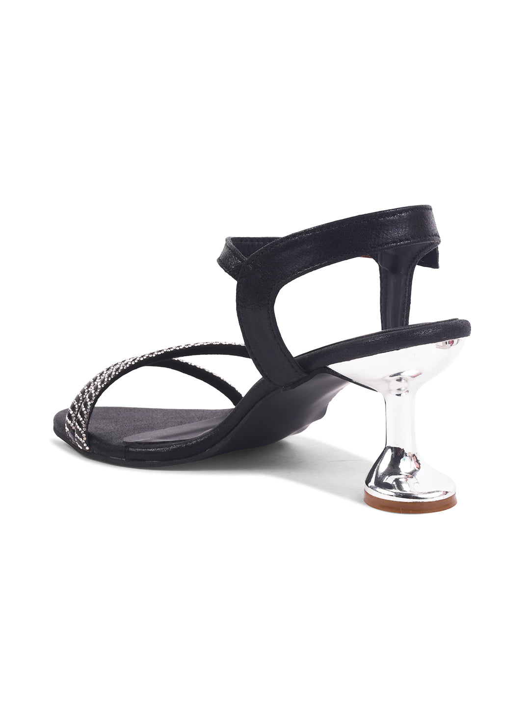embellished strappy stiletto sandals with a unique heel design
Black