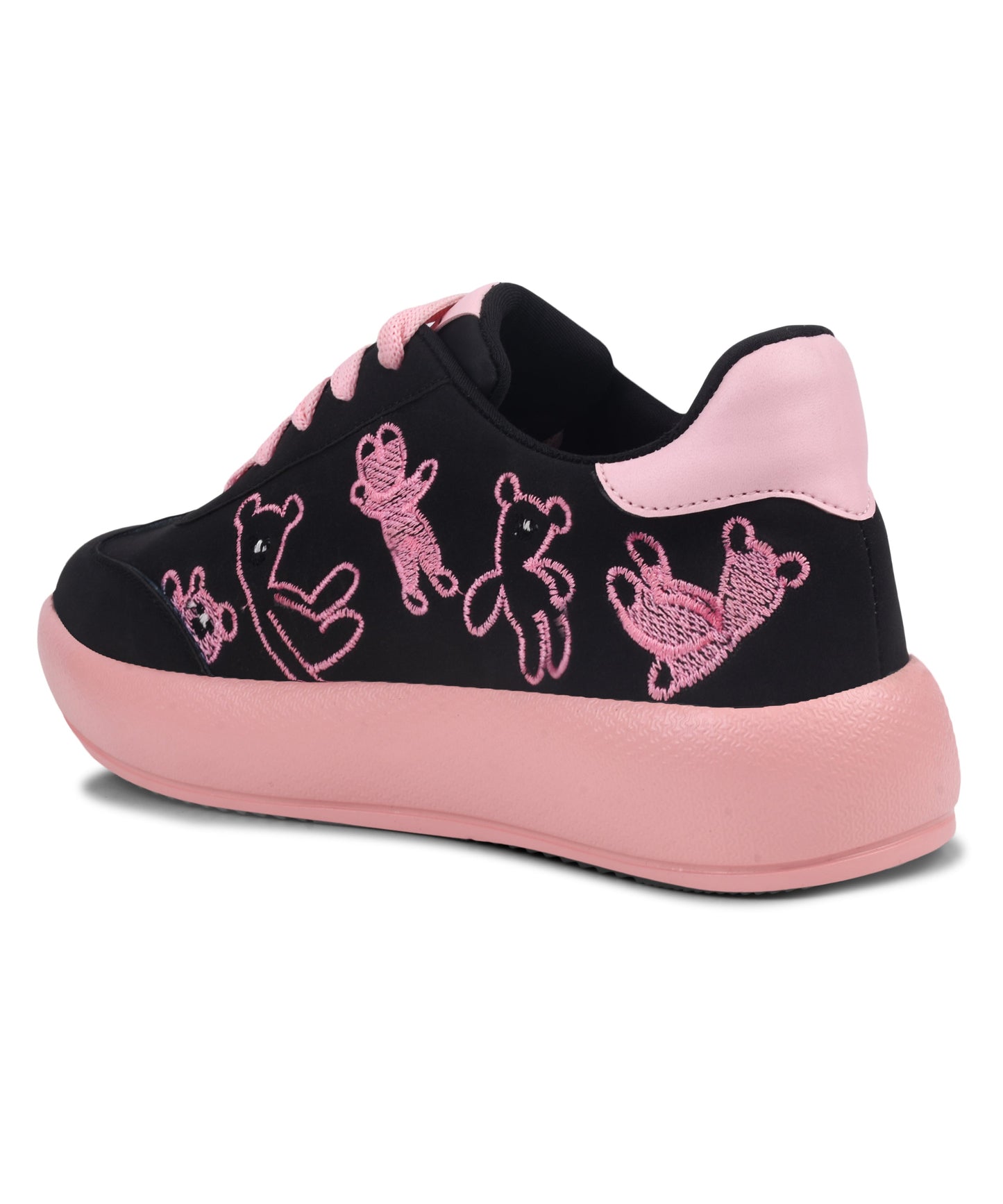 Black suede platform sneakers with brown teddy bear embroidery and dark brown laces and sole