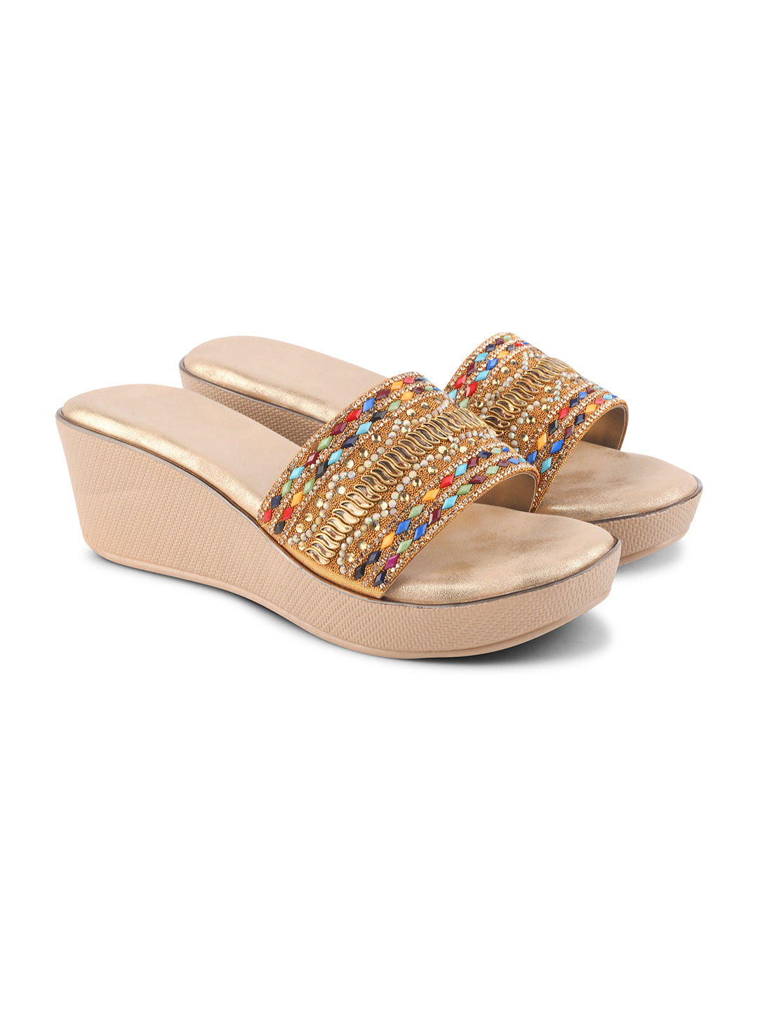 JM Looks Women's Toe-Loop Embroidered Ethnic Sandals | Traditional Flat Slip-Ons Antique