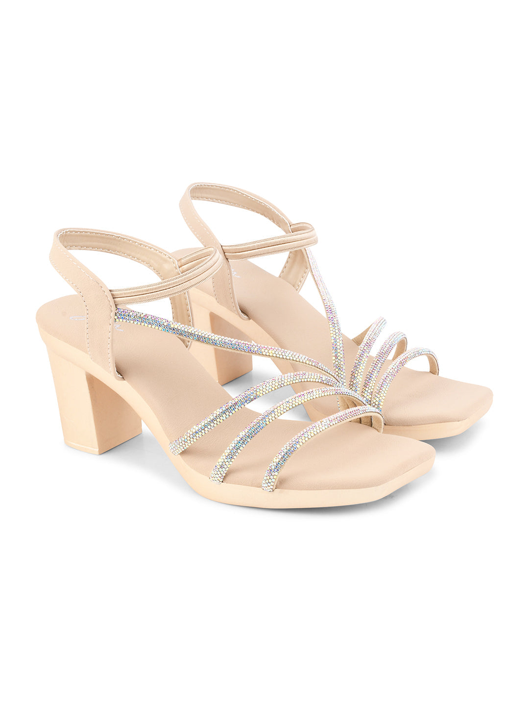 Jm Looks block heels featuring shimmering multi-straps and an elasticated ankle strap
Golden