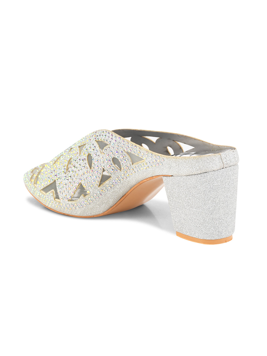 Embellished ethnic mules with block heel by Jm Looks for women and girls Silver