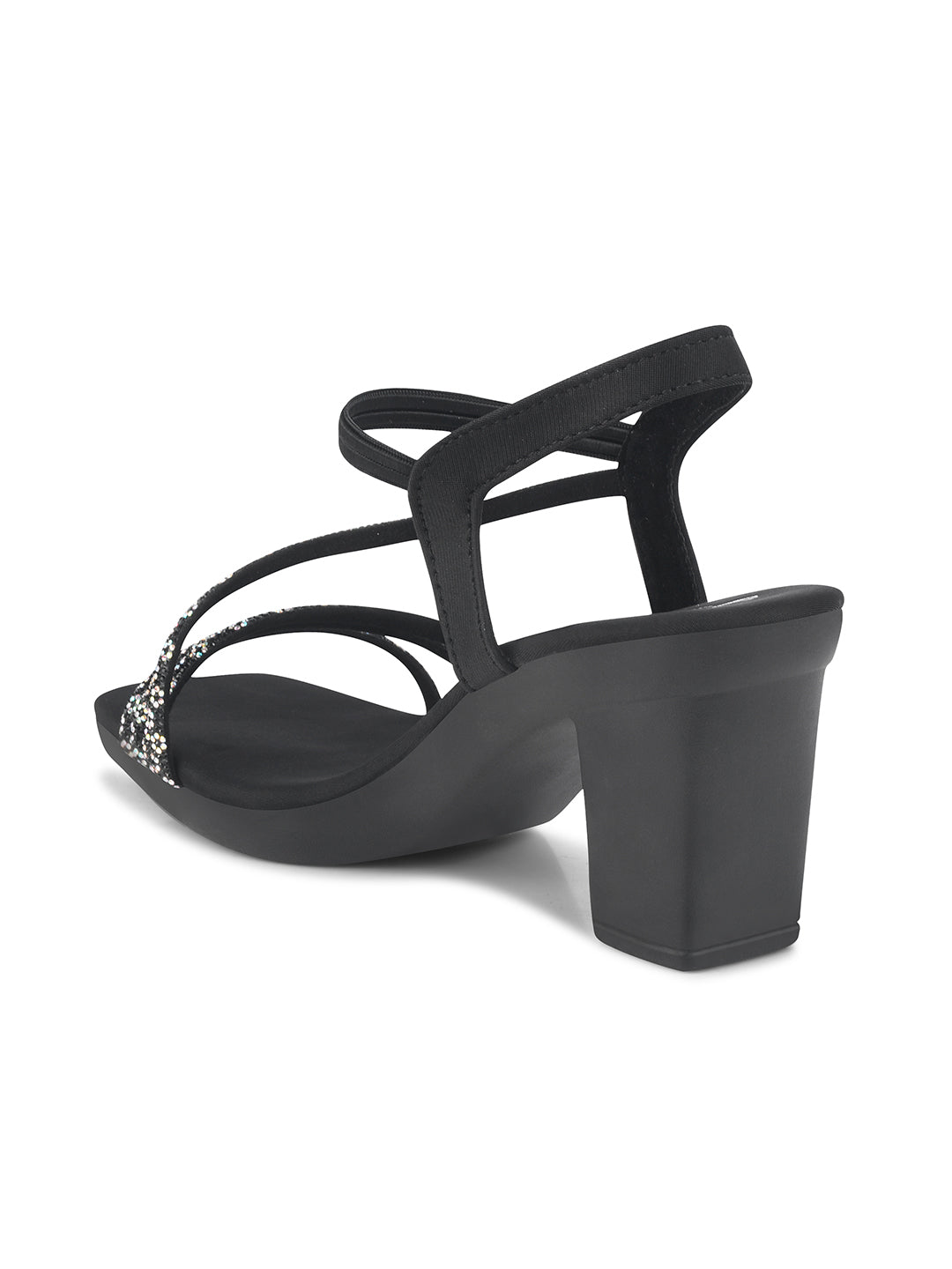 Jm Looks block heels featuring shimmering multi-straps and an elasticated ankle strap
Black