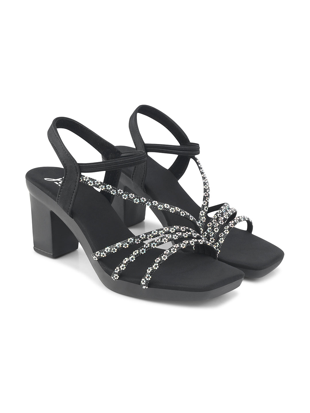 Jm Looks block heels featuring shimmering multi-straps and an elasticated ankle strap
Black