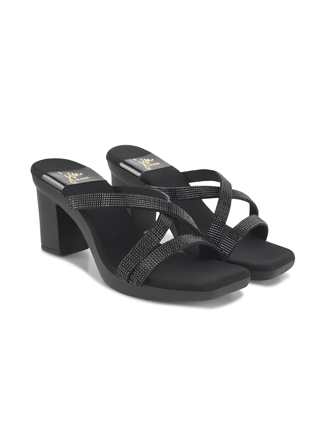 Jm Looks block heels with shimmering criss-cross straps
Black