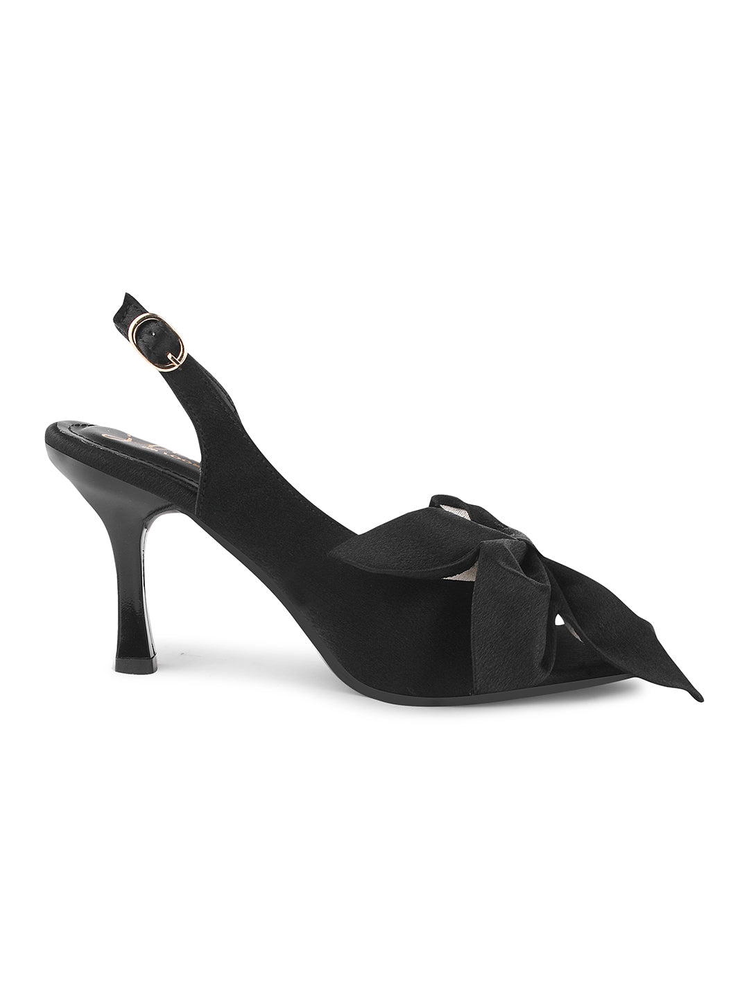 elegant heels featuring a large bow detail on the front and an ankle strap
Black