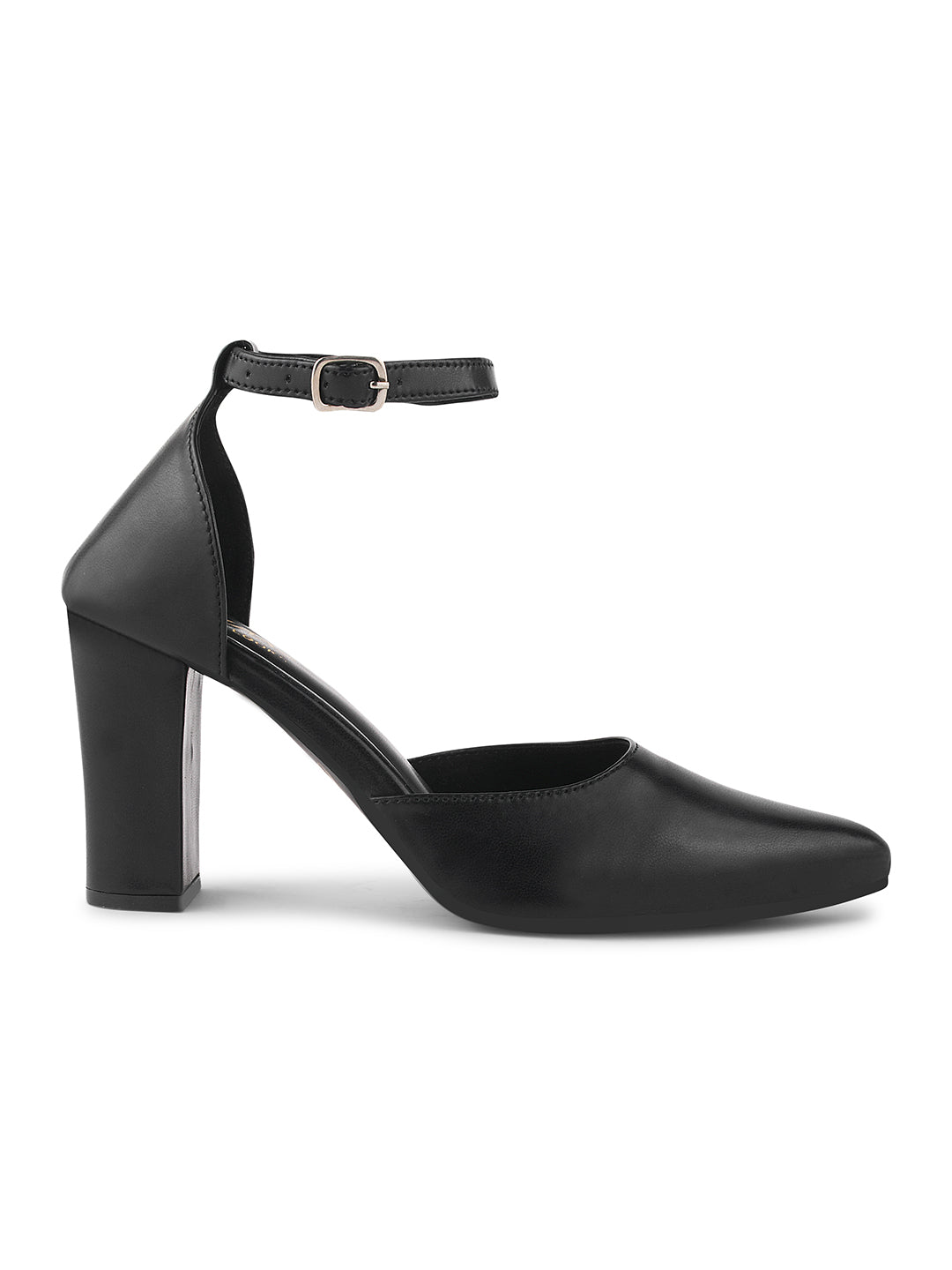 pointed toe block heel pumps with an ankle strap
Black