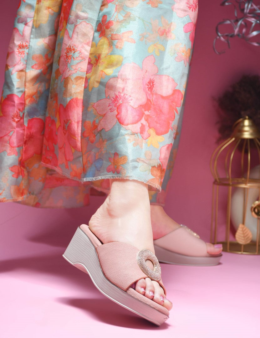 Wedge sandals for women and girls by Jm Looks with shimmer buckle detail Peach