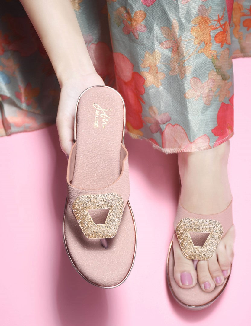 Wedge slip-on sandals with metallic buckle detail by Jm Looks for women and girls Peach