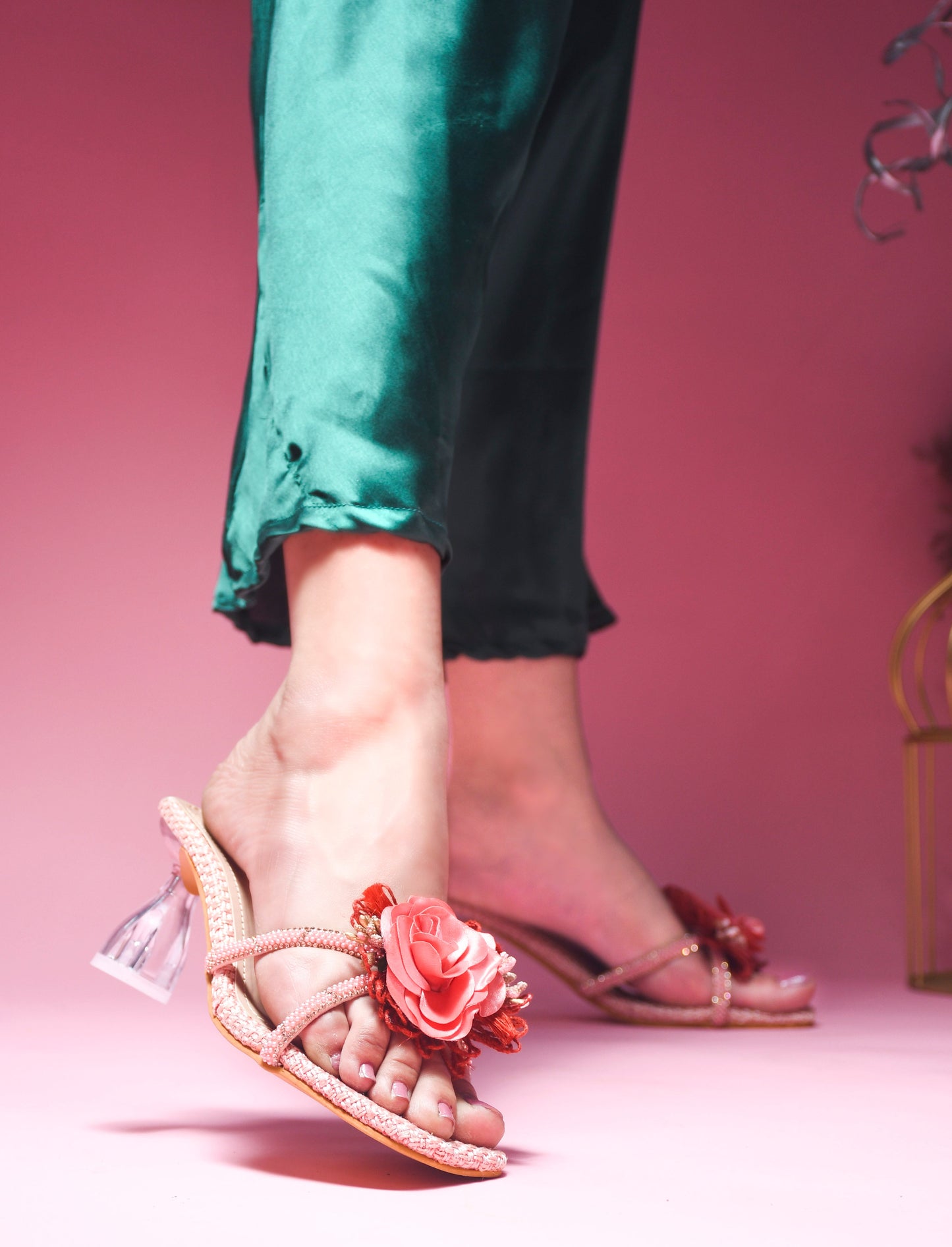 Jm Looks floral embellished square toe heels with a unique clear heel
Peach