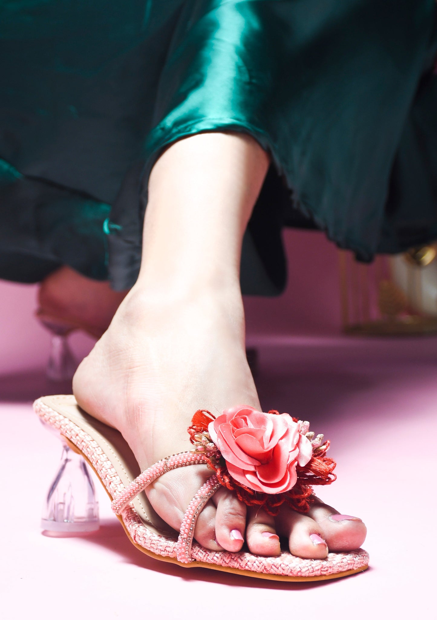 Jm Looks floral embellished square toe heels with a unique clear heel
Peach