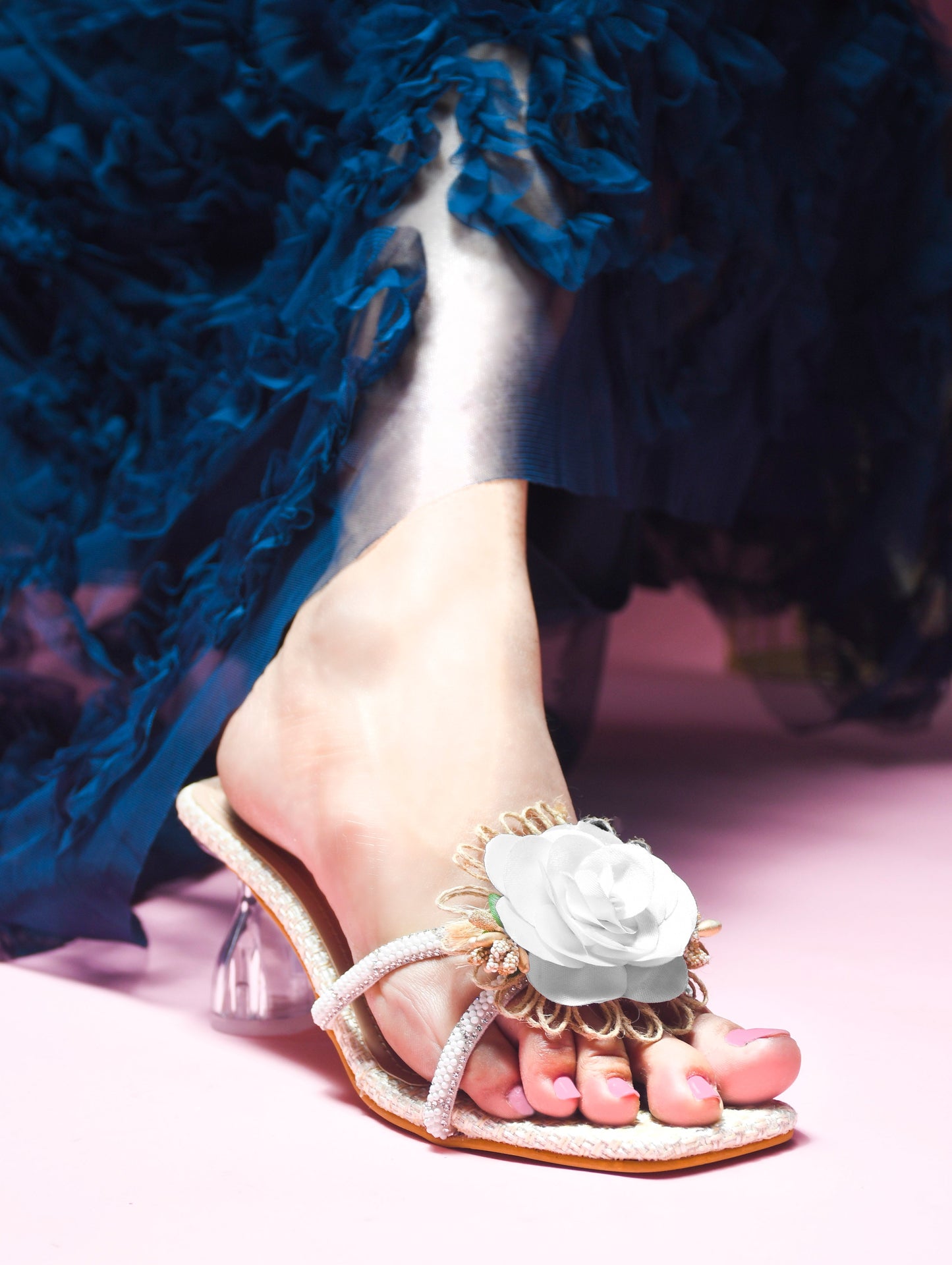 Jm Looks floral embellished square toe heels with a unique clear heel
Cream